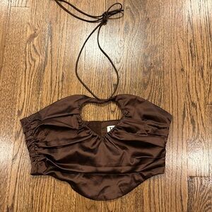 Tic Toc brown satin halter tie cutout cropped top size medium